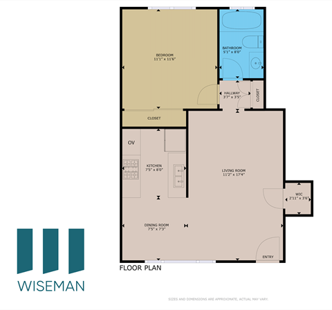 Floor plan for 1 bed, 1 bath, 570 sqft